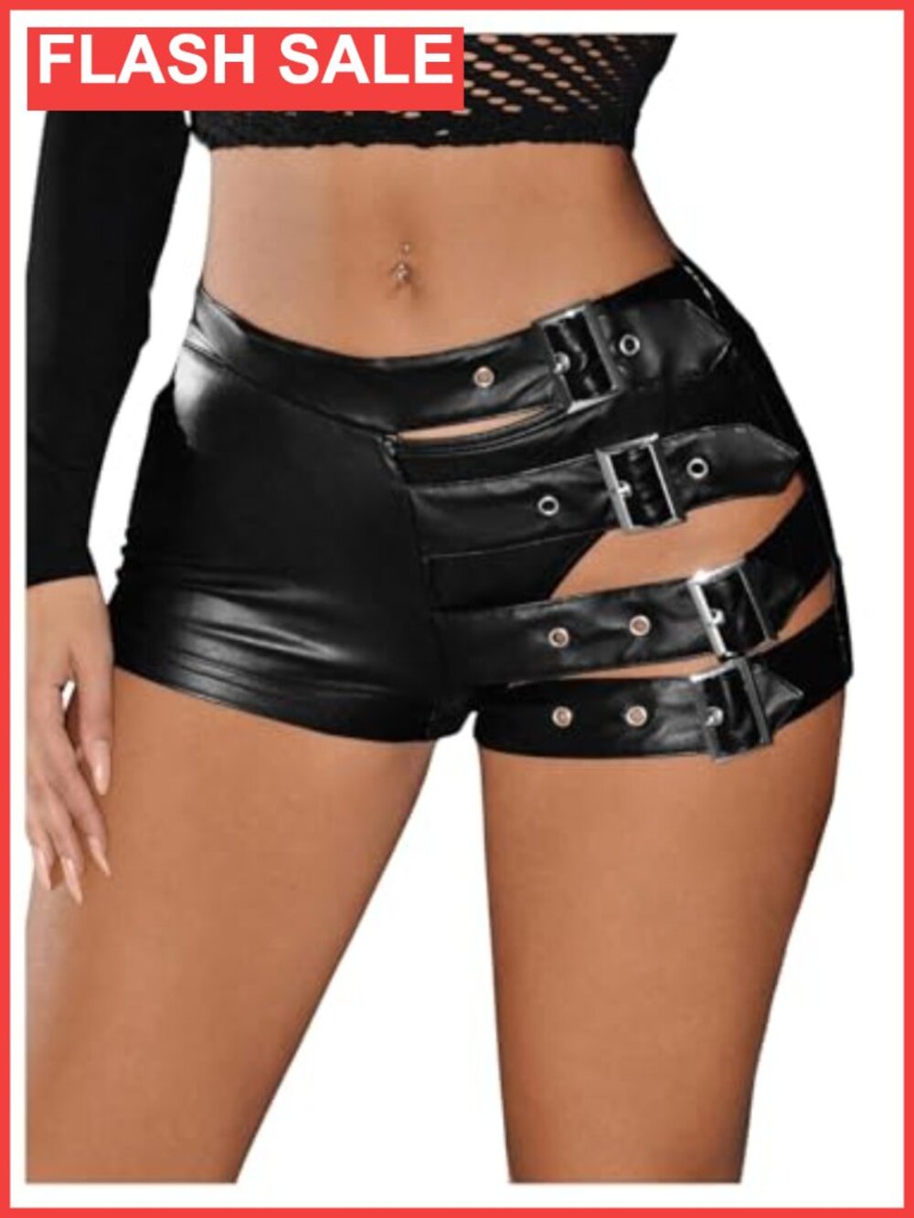 Leather Mini Shorts Low Rise Booty Micro Rave Buckle Cut Out